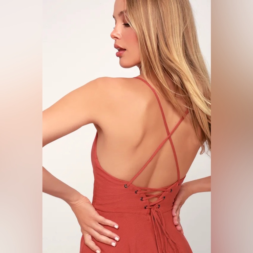 Lulu’s Troulos Rust Red Lace-Up Midi Dress